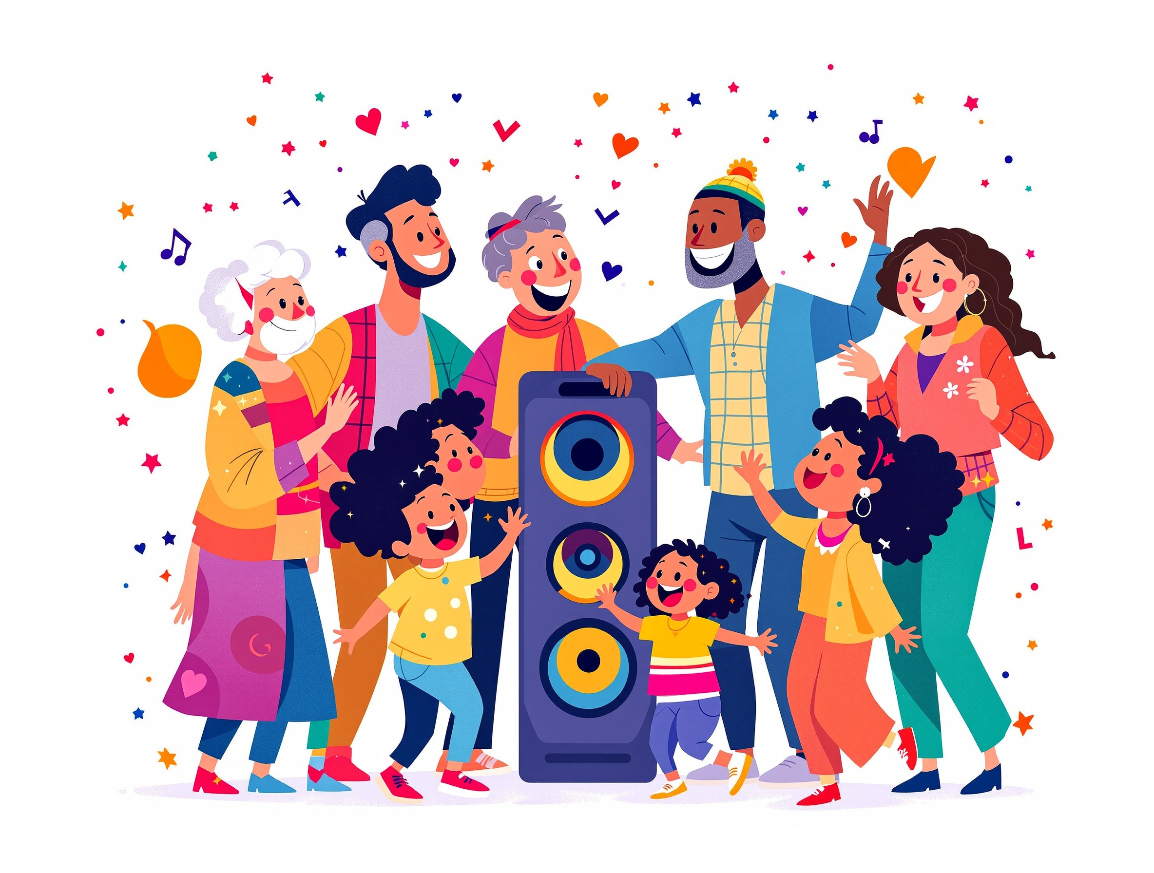 Happy diverse family gathered together listening to music and dancing